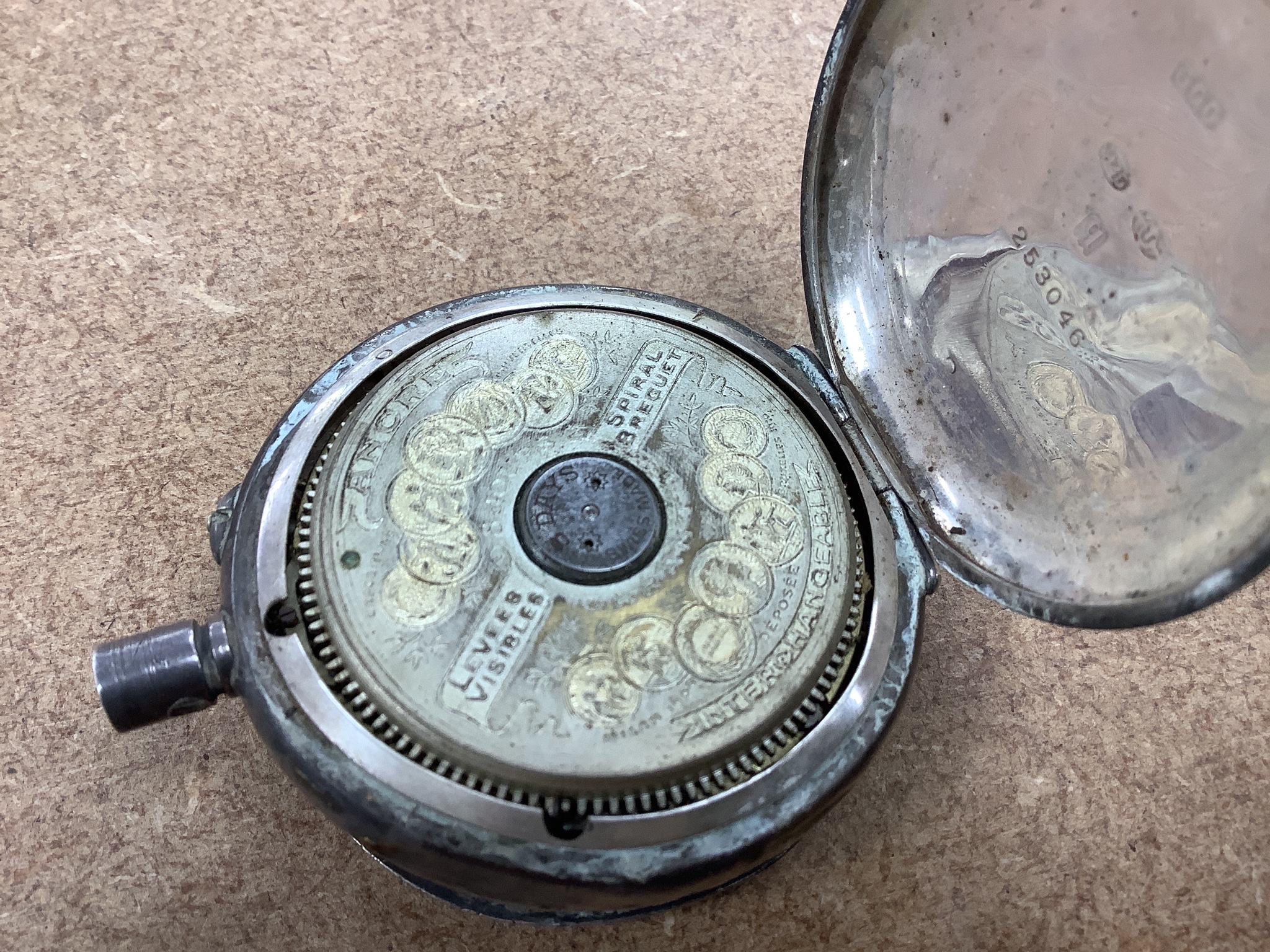 A George III silver hunter pocket watch, by Cameron, Liverpool(a.f.), two other silver pocket watches by Davies & Son & Waltham, a Swiss 935 case fob watch and a silver and enamel Hebdomas pocket watch(a.f.).